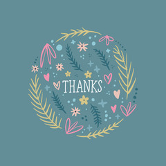 Obraz premium Elegant card, thanks text with hand painted pattern, wild flowers. Doodle floral summer design for holidays. Poster or postcard. Vector