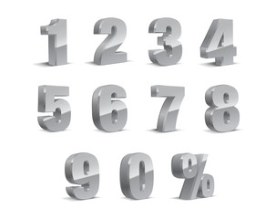 3D gray-silver Metallic Letter. 0, 1, 2, 3, 4, 5, 6, 7, 8, 9 numeral alphabet. Vector Isolated Number.
