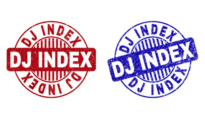 Grunge DJ INDEX round stamp seals isolated on a white background. Round seals with grunge texture in red and blue colors. Vector rubber imitation of DJ INDEX text inside circle form with stripes.