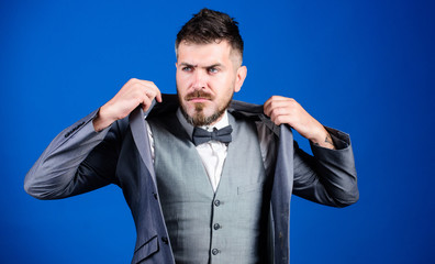 successful auctioneer. business in modern life. mature illusionist. Bride groom ready for wedding. esthete. stylish art director. bearded man in formal suit. businessman with beard in bow tie