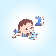 Little baby boy with pink bow and toy bunny. Stages of child development in the first year of life. The second month of a baby boy. Vector Illustration isolated on pink background