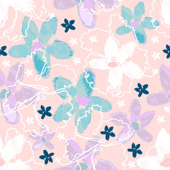 floral seamless pattern with hand drawn watercolor flowers and line art style flowers