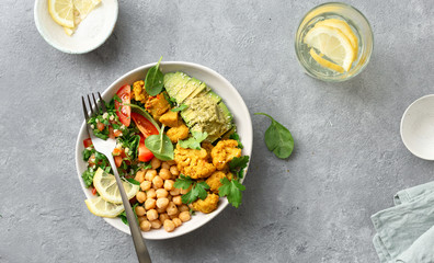 Bowl Buddha Balanced healthy vegetarian food top view