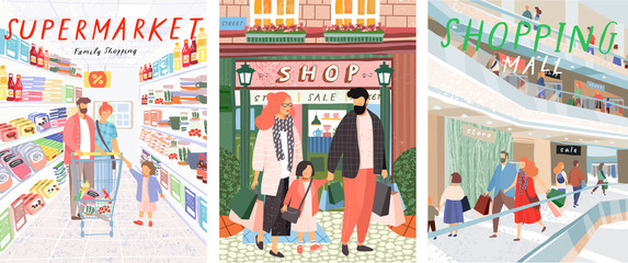 Family shopping. A vector illustration of people in a store shopping, handwritten drawings in the supermarket and in the mall.