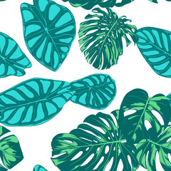 Seamless Vector Tropical Pattern. Monstera Palm Leaves and Alocasia. Jungle Foliage with Watercolor Effect. Exotic Hawaiian Textile Design. Seamless Tropical Background for Fabric, Dress, Paper, Print