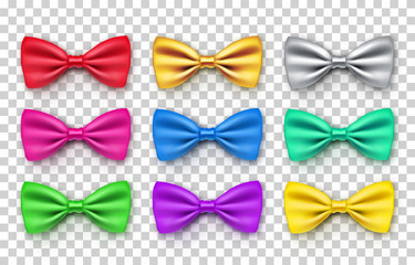 Beautiful bow tie from satin material. Elegant clothes accessory isolated on transparent background. Realistic formal wear for official event. Different 3d objects from silk vector illustration. - obrazy, fototapety, plakaty