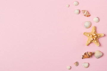 Seashells and starfish on a pale pink background. Summer time concept. Top view