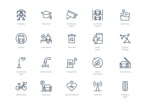Set of line smart city icons isolated on light background. Contains such icons Energetics, Education, Charge point, Internet of Things, Car parking system and more.