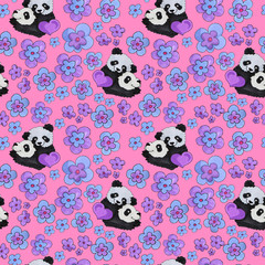 cute panda pattern. background for web and print purpose. marker art  with flowers