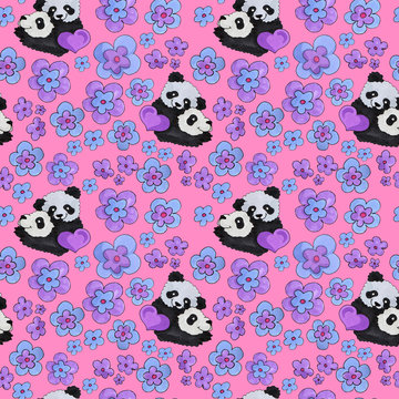cute panda pattern. background for web and print purpose. marker art  with flowers