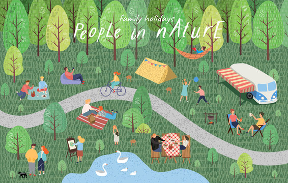 People in nature. Vector illustration of people having a rest in a park at a picnic. Drawing by hand active family weekend in the forest by the lake with a barbecue, bus, children's games, walks.