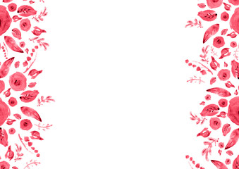 Painted watercolor composition with flowers and leaves. Frame of roses. Floral border. Can be used as invitation card for wedding, birthday, other holiday, summer background, poster, banner.