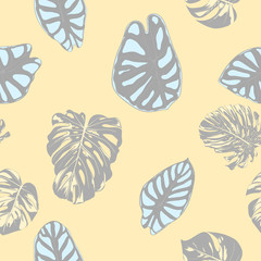 Seamless Vector Tropical Pattern in Pastel Color Design. Monstera Palm Leaves and Alocasia. Jungle Foliage with Watercolor Effect. Exotic Hawaiian Fabric Design. Seamless Tropical Background for Print