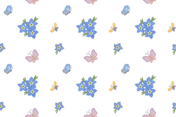 Hand drawn watercolor seamless pattern on the white background, butterflies and forget-me-nots composition, flower ornament for textile, scrapbooking, wrapping paper, ornament for any occasion