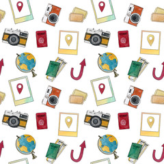 Watercolor seamless travel pattern with  globe, camera,  passport and tickets, frame, arrow. Hand drawn illustration.