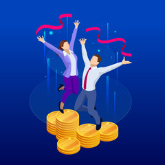 Isometric profit, fortune and success, successful investment concept. Man and woman is glad a lot of money, success, good luck.