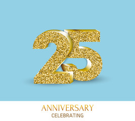 25th anniversary card template with 3d gold colored elements.