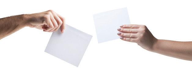 Hands holding, delivering blank piece of paper