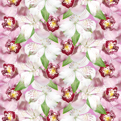 Obraz na płótnie Canvas Beautiful floral background of alstroemeria and orchids. Isolated