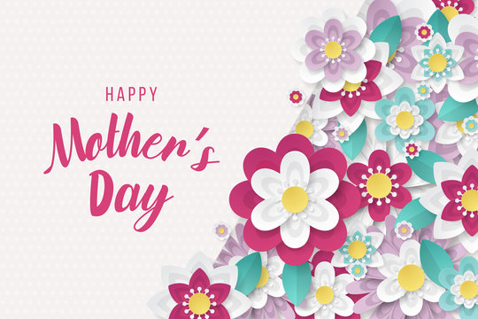 Happy Mothers Day background with beautiful paper cut flowers . Vector illustration