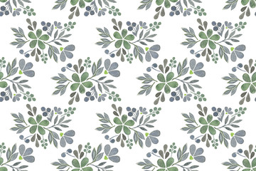 Simple fantasy grey flowers and leaves, abstract floral design, hand drawn botanic set, floral watercolor illustration, floral seamless pattern