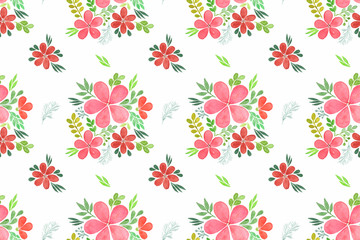 Simple fantasy flowers and leaves seamless pattern on the white background, abstract floral design, hand drawn botanic set, floral watercolor illustration