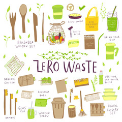 Hand drawn Zero waste concept set. No plastic elements of eco life: reusable paper, bamboo, wooden, fabric cotton bags, glass, jars, cutlery.