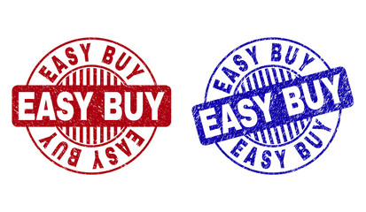 Grunge EASY BUY round stamp seals isolated on a white background. Round seals with grunge texture in red and blue colors. Vector rubber overlay of EASY BUY label inside circle form with stripes.