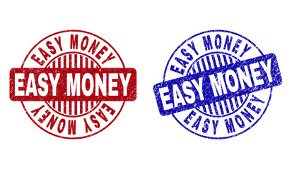 Grunge EASY MONEY round stamp seals isolated on a white background. Round seals with grunge texture in red and blue colors. Vector rubber imprint of EASY MONEY label inside circle form with stripes.