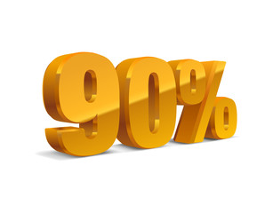 90% percent off, sale white background, golden-yellow metall object 3D. Eps10 Vector.