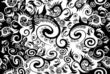 Seamless black and white abstract ornament with complex curls that have different sizes and shapes