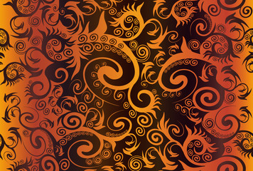 Seamless red-brown abstract ornament with complex curls that have different sizes and shapes