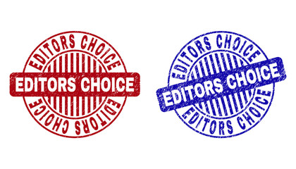 Grunge EDITORS CHOICE round stamps isolated on a white background. Round seals with grunge texture in red and blue colors. Vector rubber imprint of EDITORS CHOICE tag inside circle form with stripes.