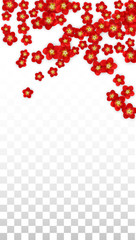 Vector Realistic Red Flowers Falling on Transparent Background.  Spring Romantic Flowers Illustration. Flying Asian Rose Spa Design. Blossom Confetti. Design Elements for Wedding Decoration.