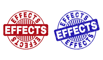 Grunge EFFECTS round stamp seals isolated on a white background. Round seals with grunge texture in red and blue colors. Vector rubber overlay of EFFECTS caption inside circle form with stripes.