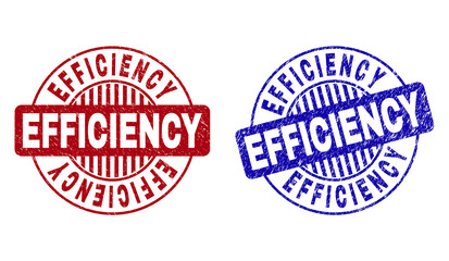 Grunge EFFICIENCY round stamp seals isolated on a white background. Round seals with grunge texture in red and blue colors. Vector rubber imprint of EFFICIENCY label inside circle form with stripes.
