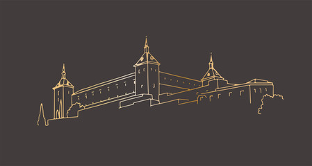 Medieval castle in Toledo, Spain. Hand-drawn in outline graphic style - obrazy, fototapety, plakaty