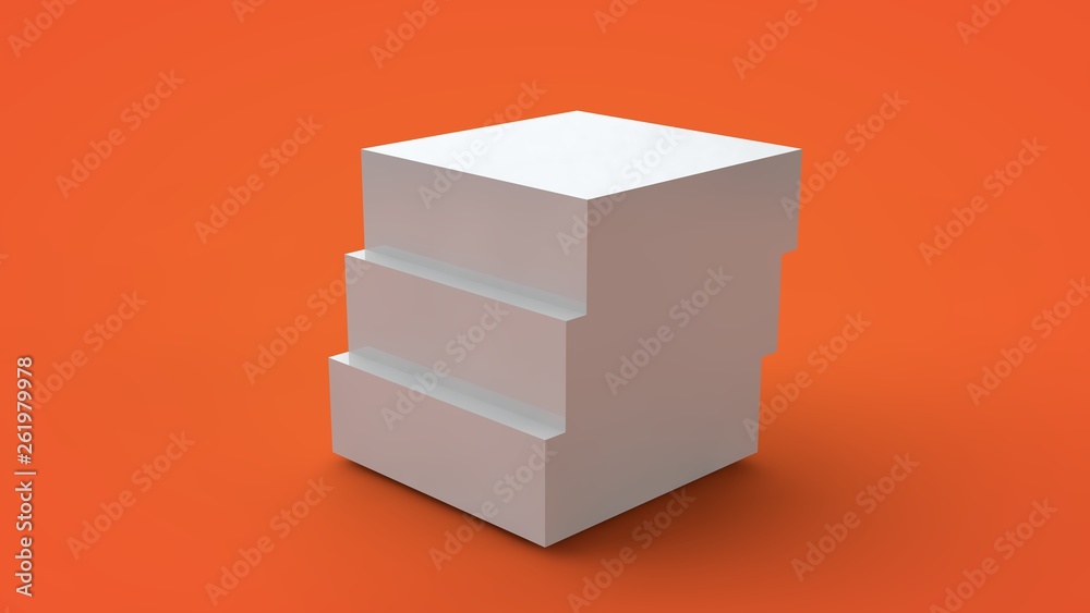 Poster 3d rendering of a white cube isolated on a yellow background. the cube is divided into segments, par