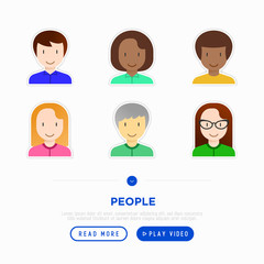 People flat icons set: smiling cartoon male and female heads. Avatars of people with different races and nationalities: caucasian, asian, african, hindu. Modern vector illustration.
