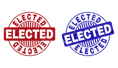 Grunge ELECTED round stamp seals isolated on a white background. Round seals with grunge texture in red and blue colors. Vector rubber imprint of ELECTED tag inside circle form with stripes.