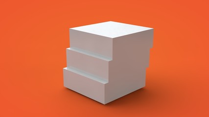 3D rendering of a white cube isolated on a yellow background. The cube is divided into segments, parts form steps with sharp edges. Abstract image of a geometric figure, illustration.