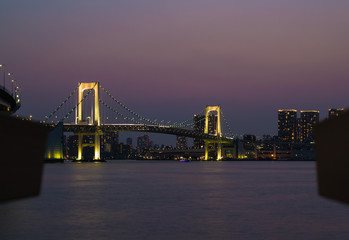 Fototapeta premium Odaiba, Tokyo, Japan, 04/06/2019 , Highway to the Rainbow Bridge, connecting Odaiba with Tokyo south bay.