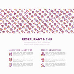 Fototapeta na wymiar Restaurant menu concept with thin line icons: starters, chef dish, BBQ, soup, beef, steak, beverage, fish, salad, pizza, wine, seafood, burger. Modern vector illustration for print media, banner.