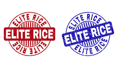 Grunge ELITE RICE round stamp seals isolated on a white background. Round seals with grunge texture in red and blue colors. Vector rubber overlay of ELITE RICE tag inside circle form with stripes.