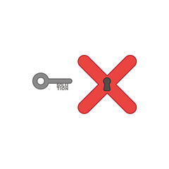 Flat design style vector concept of key with solution text and x mark with keyhole icon on white. Colored outlines.