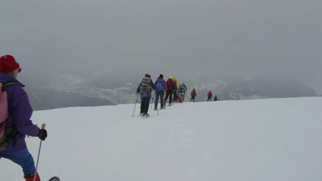 SIMPLON PASS, SWITZERLAND - FEBRUARY 9, 2019: Some hikers with snowshoes and alpine skiing go up a snowy slope on the mountain, looking for adventure.