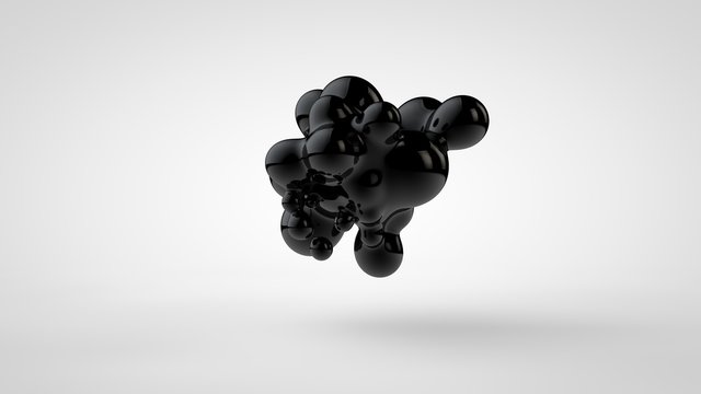 3D illustration of black oil droplets randomly spaced and isolated on a white background. 3D rendering, abstract image of chaos and disorder.