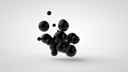 3D illustration of black oil droplets randomly spaced and isolated on a white background. 3D rendering, abstract image of chaos and disorder.