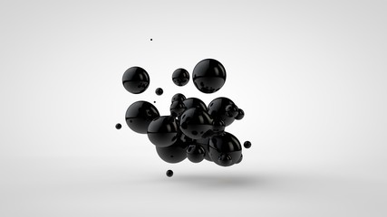 3D illustration of black oil droplets randomly spaced and isolated on a white background. 3D rendering, abstract image of chaos and disorder.