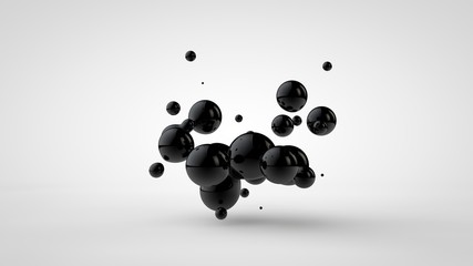 3D illustration of black oil droplets randomly spaced and isolated on a white background. 3D rendering, abstract image of chaos and disorder.